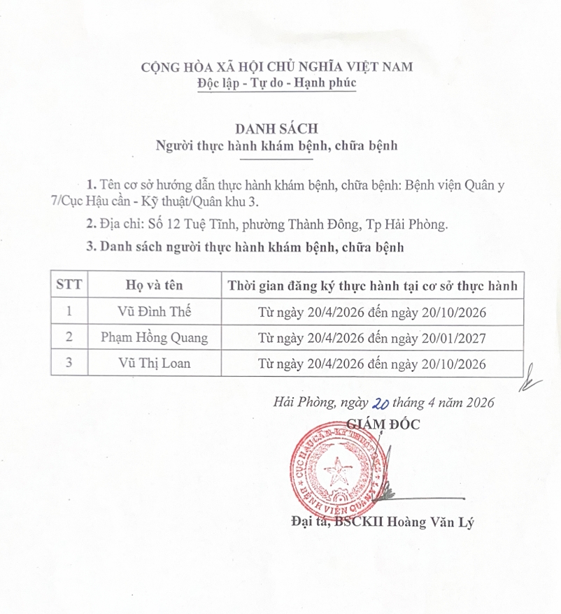 Thông báo danh sách Người thực hành khám bệnh, chữa bệnh: